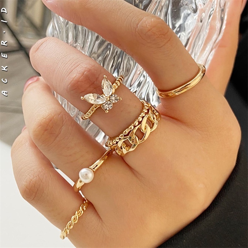 5pcs / Set Cincin Model Rantai Terbuka Desain Kupu-Kupu Aksen Mutiara Untuk Wanita