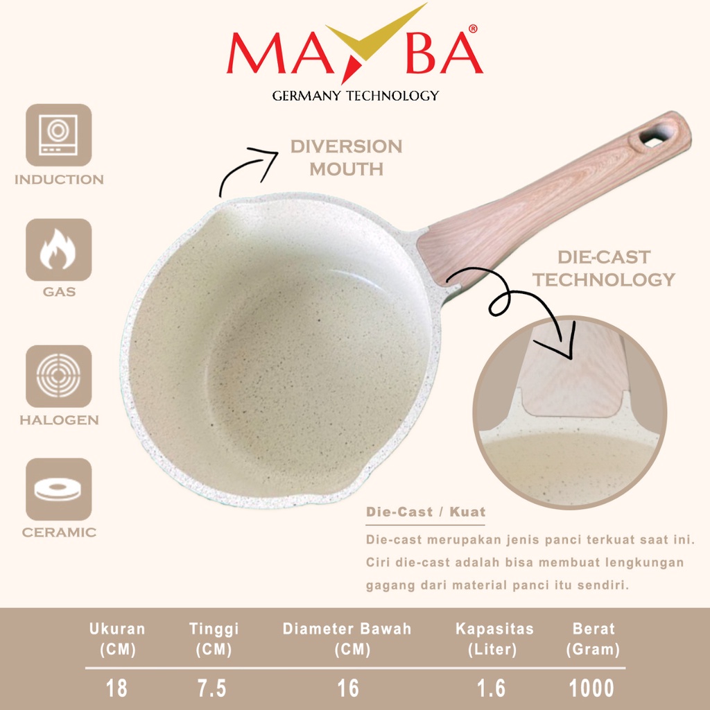 PANCI MAYBA INFINITY MILK PAN 18CM Sauce pan Granit Glow pan maifan stone Bisa Semua kompor Termasuk induksi