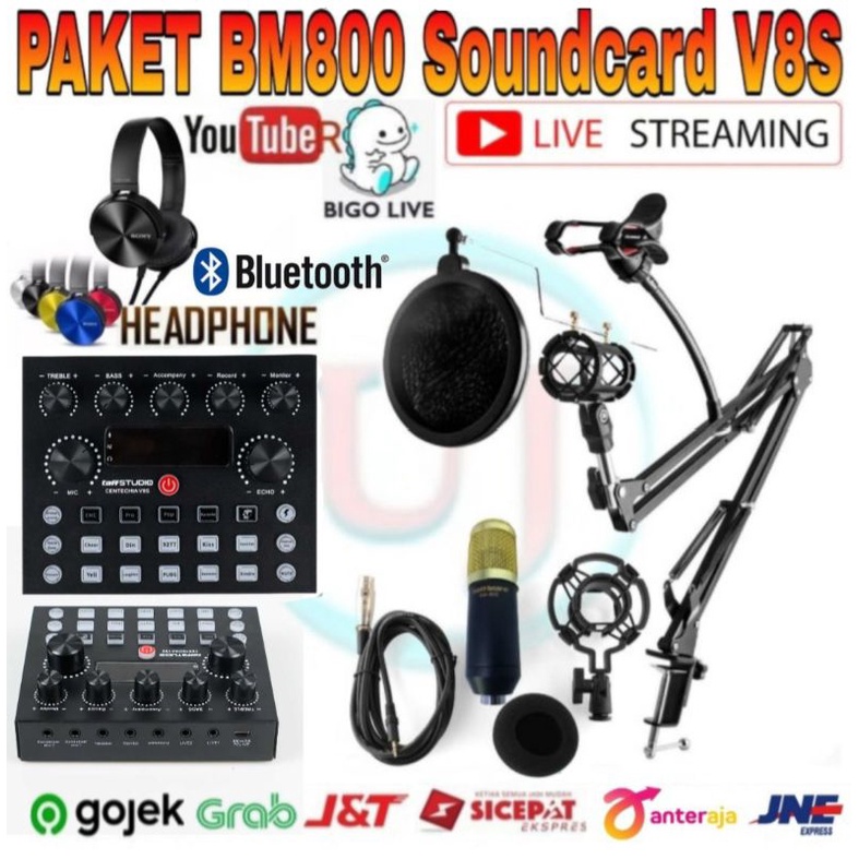 Paket Microphone BM800 Soundcard V8S Bluetooth Stand Phone Holder Pop Filter Home Recording Terbaik