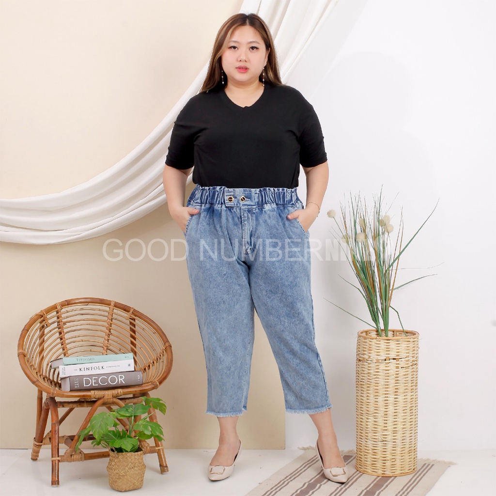 Boyfriend Jeans Rubber Pinggang Karet Polos Super Bigsize Jumbo Snowblue