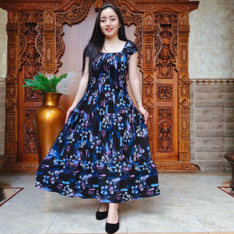 Daster Dress canda kerut dada panjang motif bunga lili