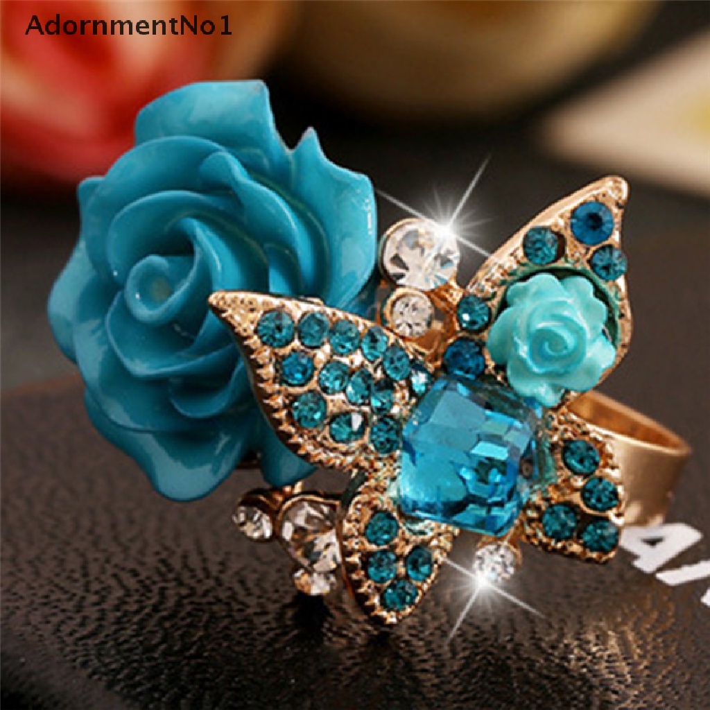 (AdornmentNo1) Cincin Tunangan Adjustable Motif Bunga Mawar + Kupu-Kupu Aksen Kristal + Berlian Imitasi Untuk Wanita