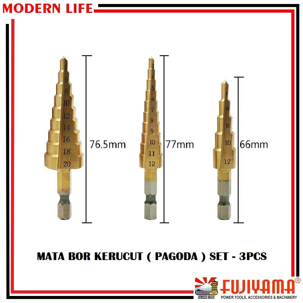 Mata Bor Spiral 3pcs / Mata Bor Kerucut / Mata Bor Pagoda ( SEMUA UKURAN )