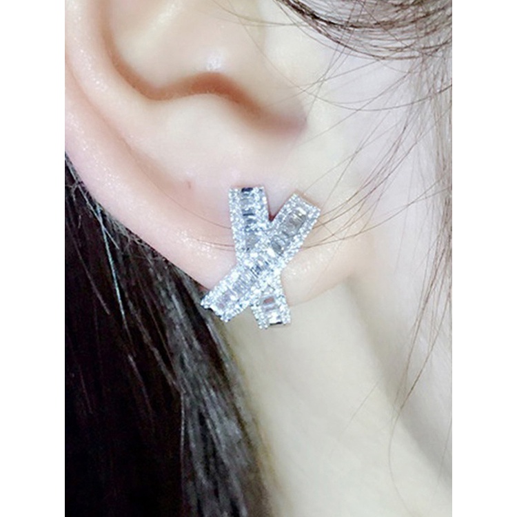 Anting Stud Cubic Zirconia Bentuk X Warna Putih Untuk Wanita