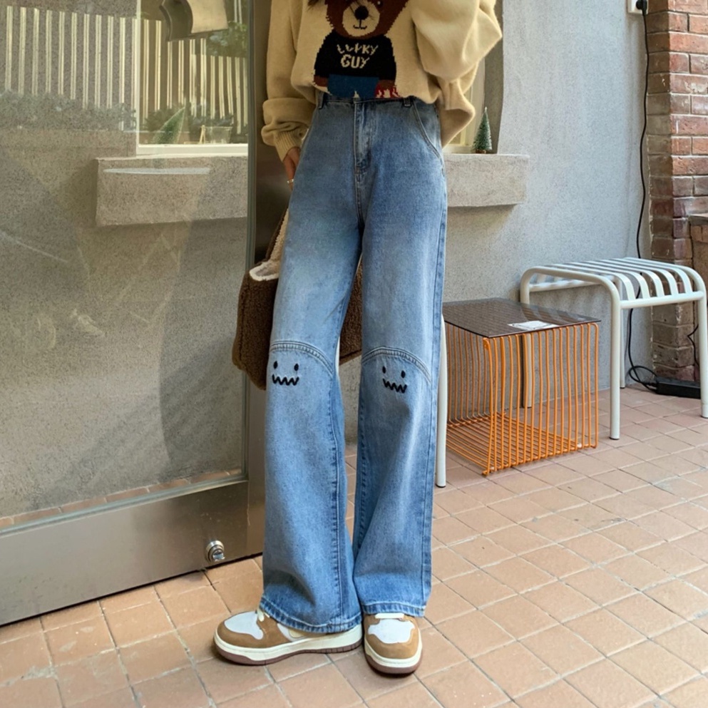 New Korean Diimpor Biru Celana Panjang Perempuan High-Waist Lurus-Kaki Bergaya Celana Jeans Wanita