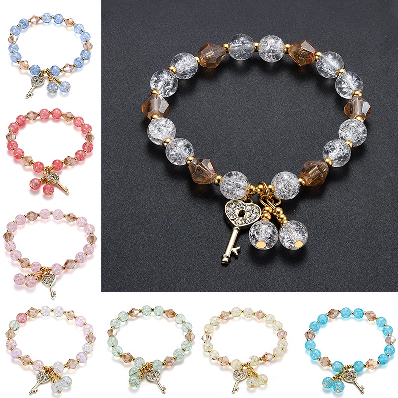 St .Kunkka Gelang Tangan Rantai Aksen Manik-Manik Kristal + Liontin Kunci + Hati Untuk Perhiasan Wanita