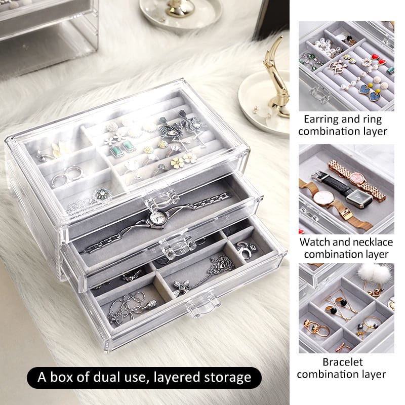 Rak Tempat Perhiasan Tingkat 3 Laci Jewelry Box Rak Akrilik Kalung / Cincin / Gelang / Anting Emas  F635