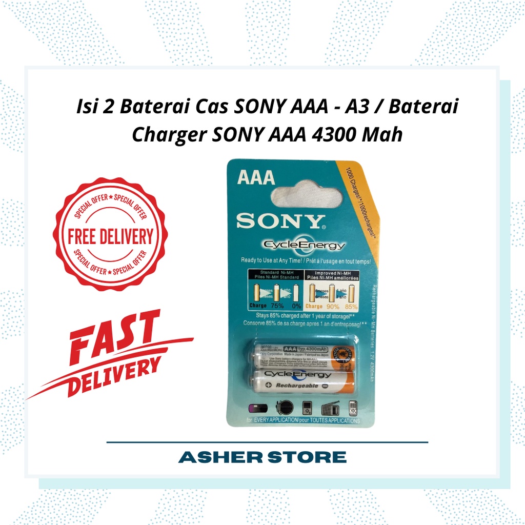 Isi 2 Baterai Cas SONY AAA - A3 / Baterai Charger SONY AAA 4300 Mah