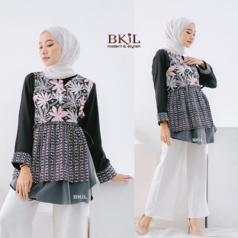 tey-17 Batik wanita ASJ SA HRB026 Kenongo Kemeja Tosca Pendek-Bunga hitam