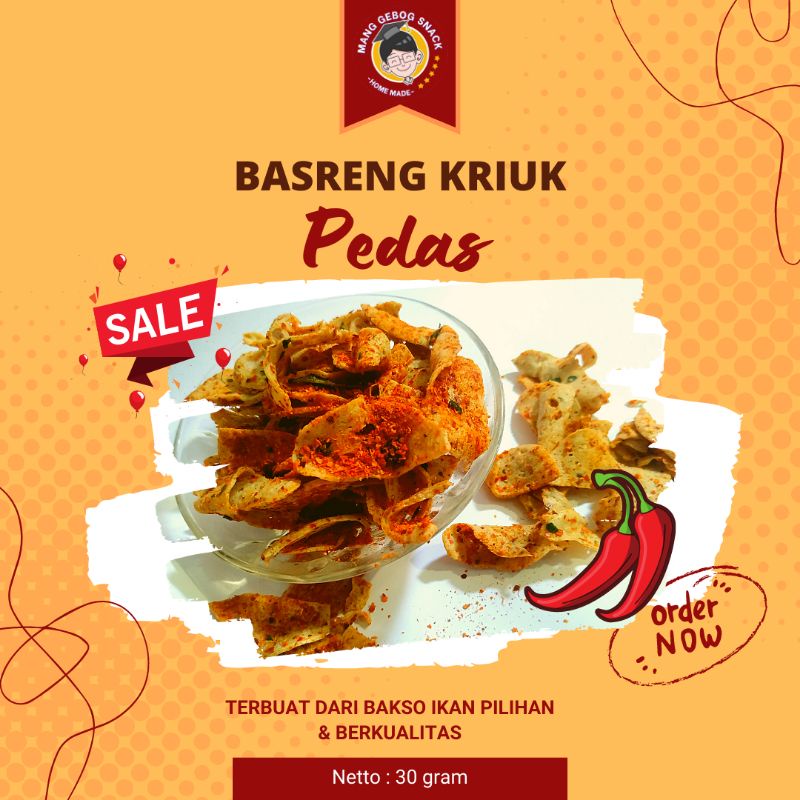 

Basreng Pedas Daun Jeruk - Mang Gebog Snack (30 gram)