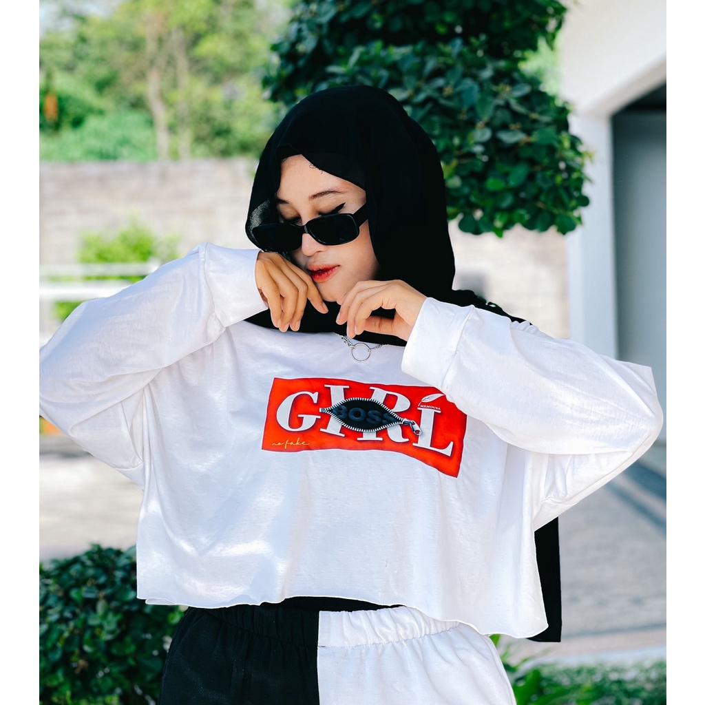 memousa crop top girl boss white series  Long Sleeve Atasan Crop Wanita