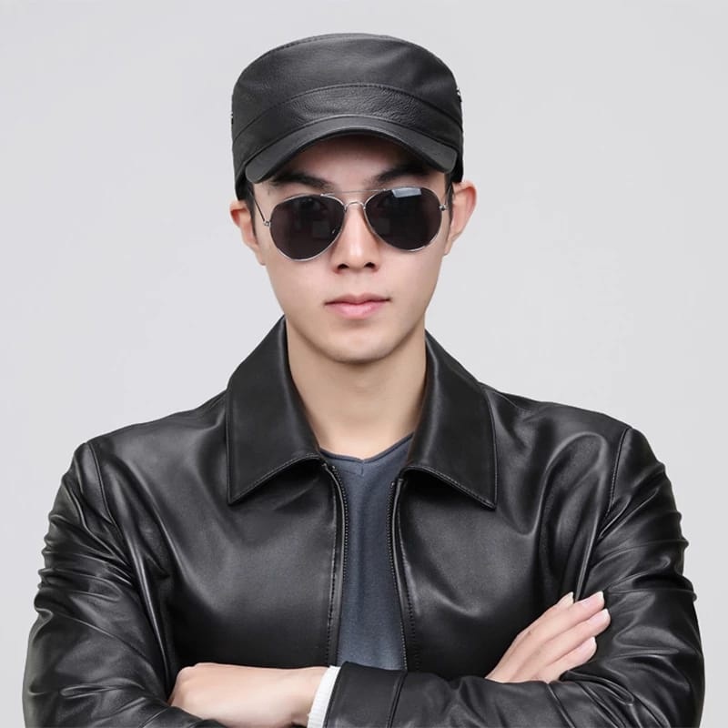 Topi Pria Kulit Asli Model Komando Snapback Pet Oktagonal Nahkoda Warna Hitam