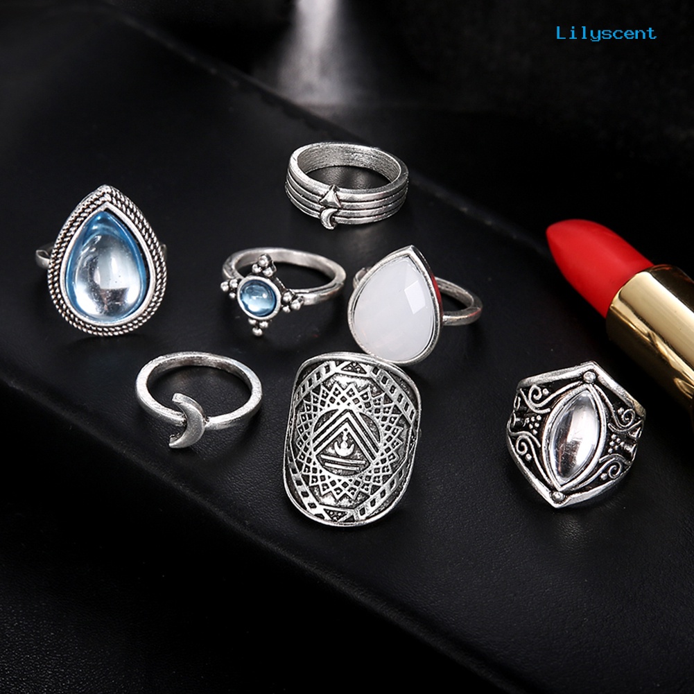 7pcs / Set Cincin Knuckle Bentuk Bulan Tetesan Air Opal Buatan Gaya Retro Untuk Wanita