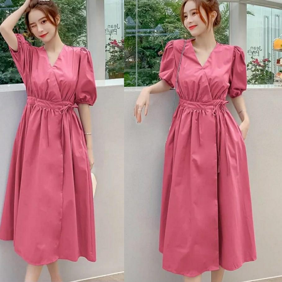 ❅ ✔midi dress wanita dress miyuki ns/pakaian wanita kasual dress polos/dress selutut lilac ✳
