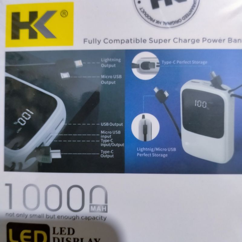 Powerbank Real Capacity 10.000 mAh Fast Charging 2 Output + kabel 3in1 micro usb type C lightning 2 Input Power Bank 10000mAh LED indikator