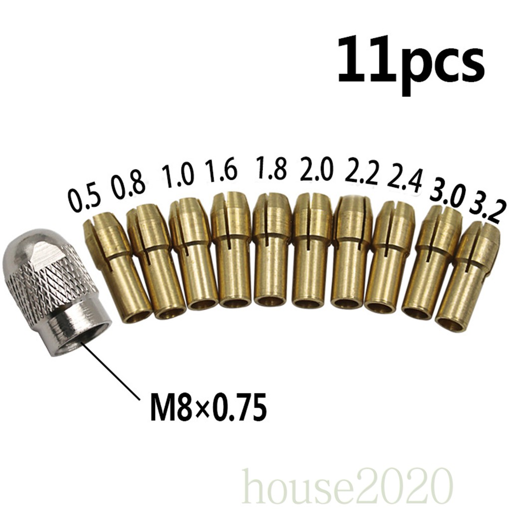 11pcs/set Collet Bits 0.5-3.2mm 4.3mm Shank Screw Nut Pengganti Bahan Kuningan Untuk Alat Rotary Dremel