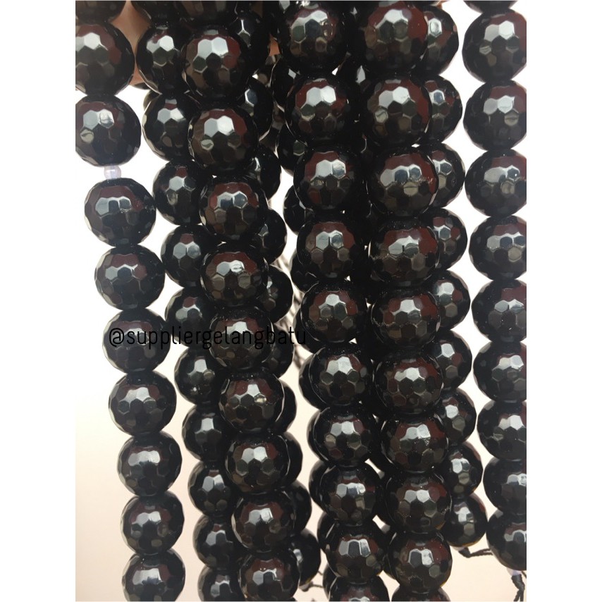 batu obsidian black onyx FACETED 16mm cutting UKIR bahan gelang kalung aksesoris craft model terkini