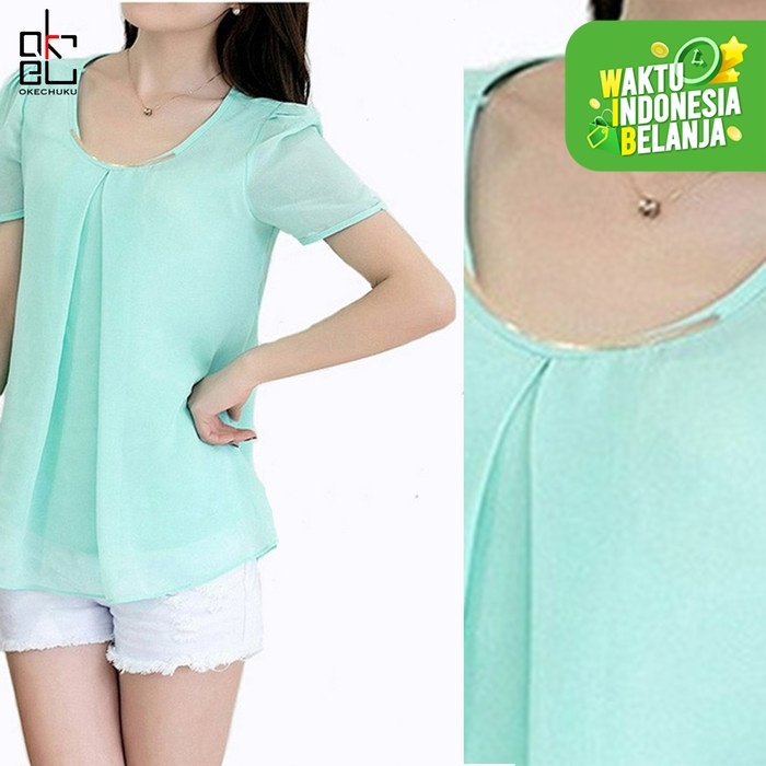Sheshop - Blus Blouse korea variasi kalung short sleeve  - Hijau Tosca, M