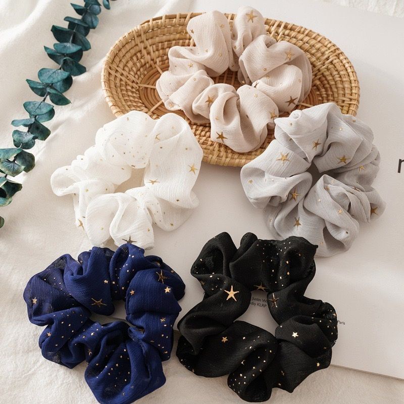 3PCS!!! Ikat Rambut Scrunchie Aksesoris Fashion Wanita Gaya korea0Scrunchie Bahan Sifon Motif Bunga Daisy Premium / Ikat Rambut Sifon Korea / Mesh Scrunchie