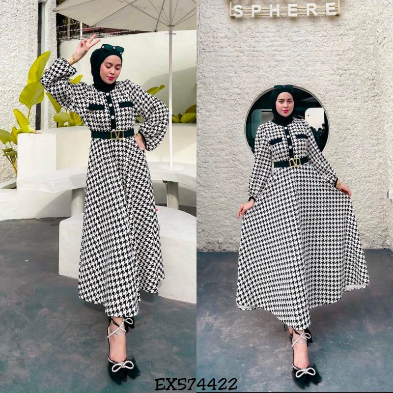 ARUNA MIDI DRESS HOUNDSTOOTH FUSCHIA FREE BELT EXTU