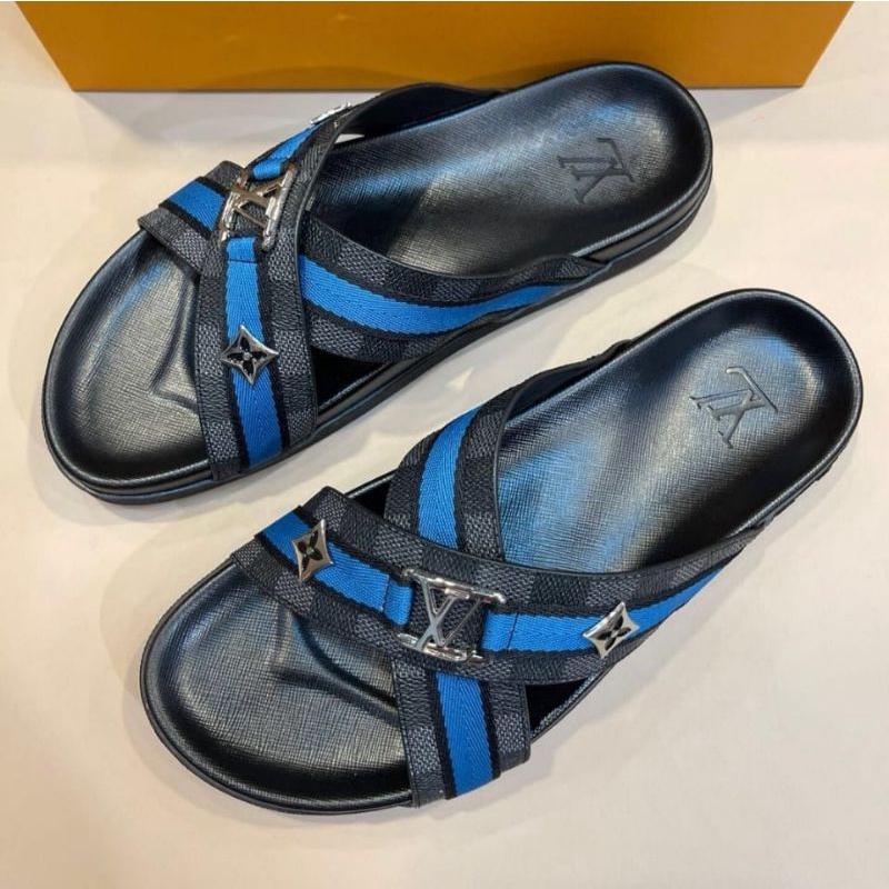 lv damier hitam sandal pria slide sendal flat motif kotak cowok mirror quality