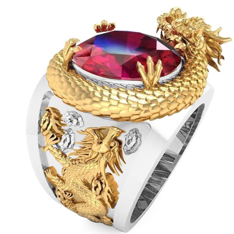 Cincin Batu Permata Merah Titanium Naga Tiga Dimensi 3D Fashion Pria