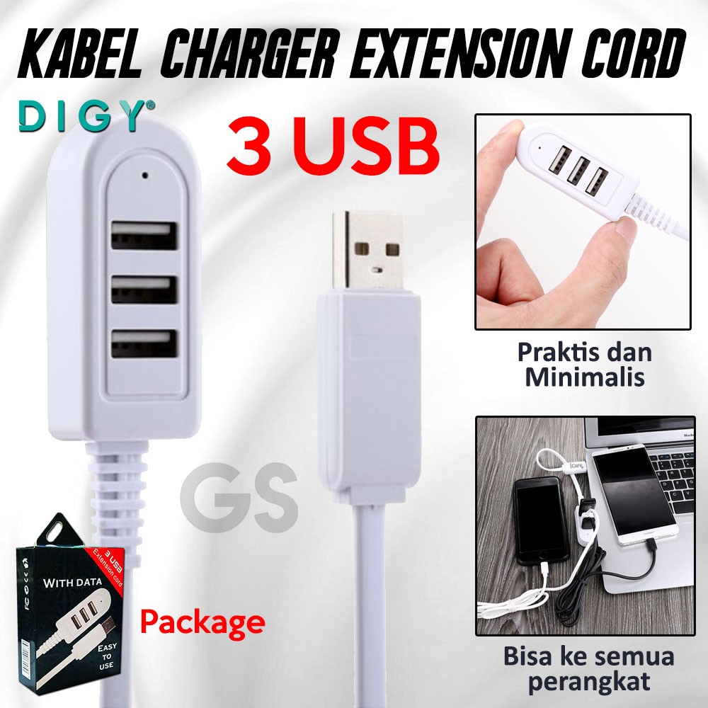 Kabel Charger extension Cord 3 Usb