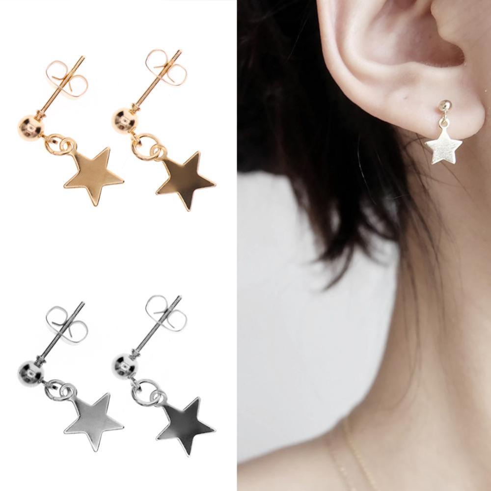 Timekey 1 Pasang Anting Tusuk Gantung Desain Bintang Pentagram Warna Silver / Gold Untuk Wanita A6K4