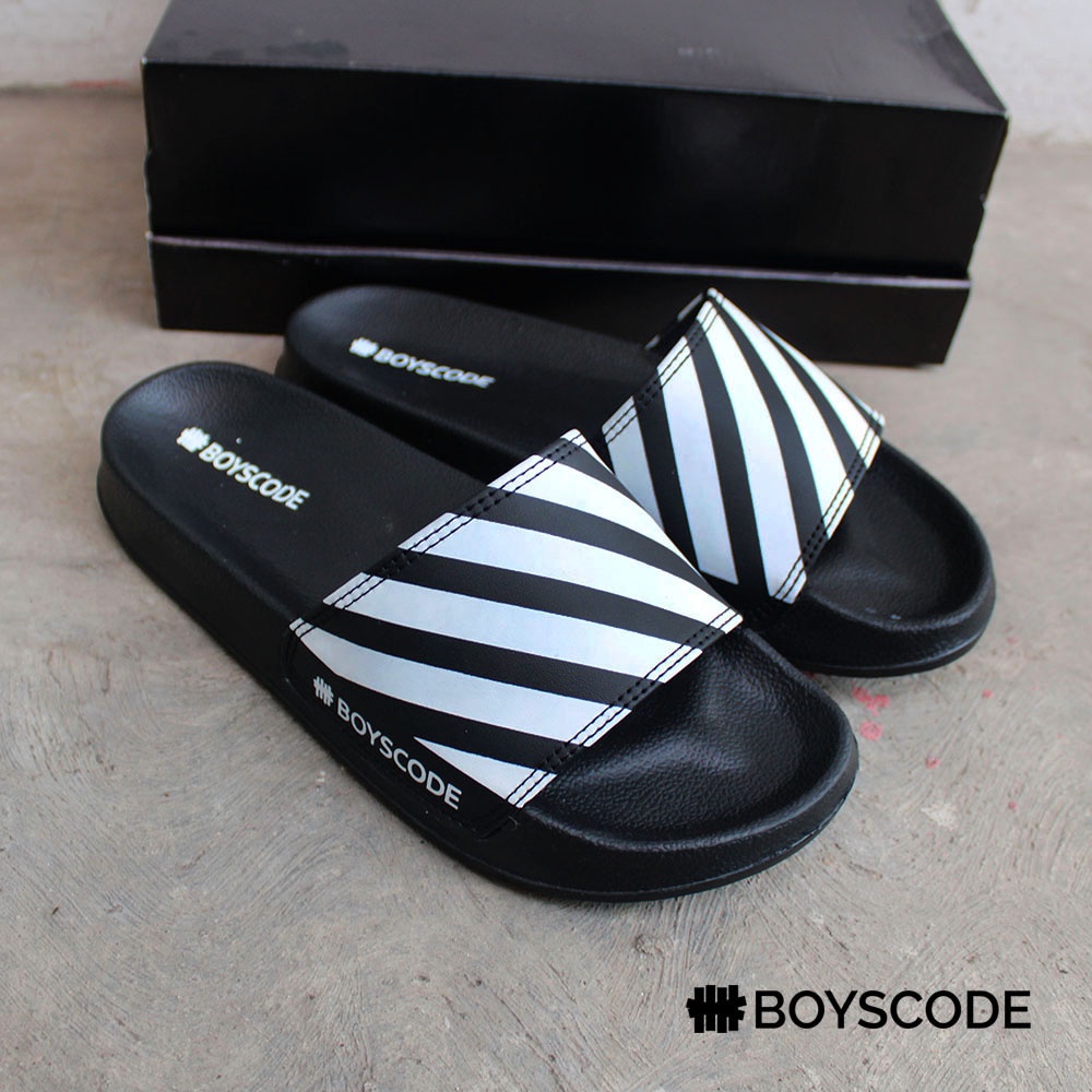 Sendal Slide Pria Distro Boyscode Motif Zebra Original Hitam / Sendal Selop Pria Kekinian Terbaru