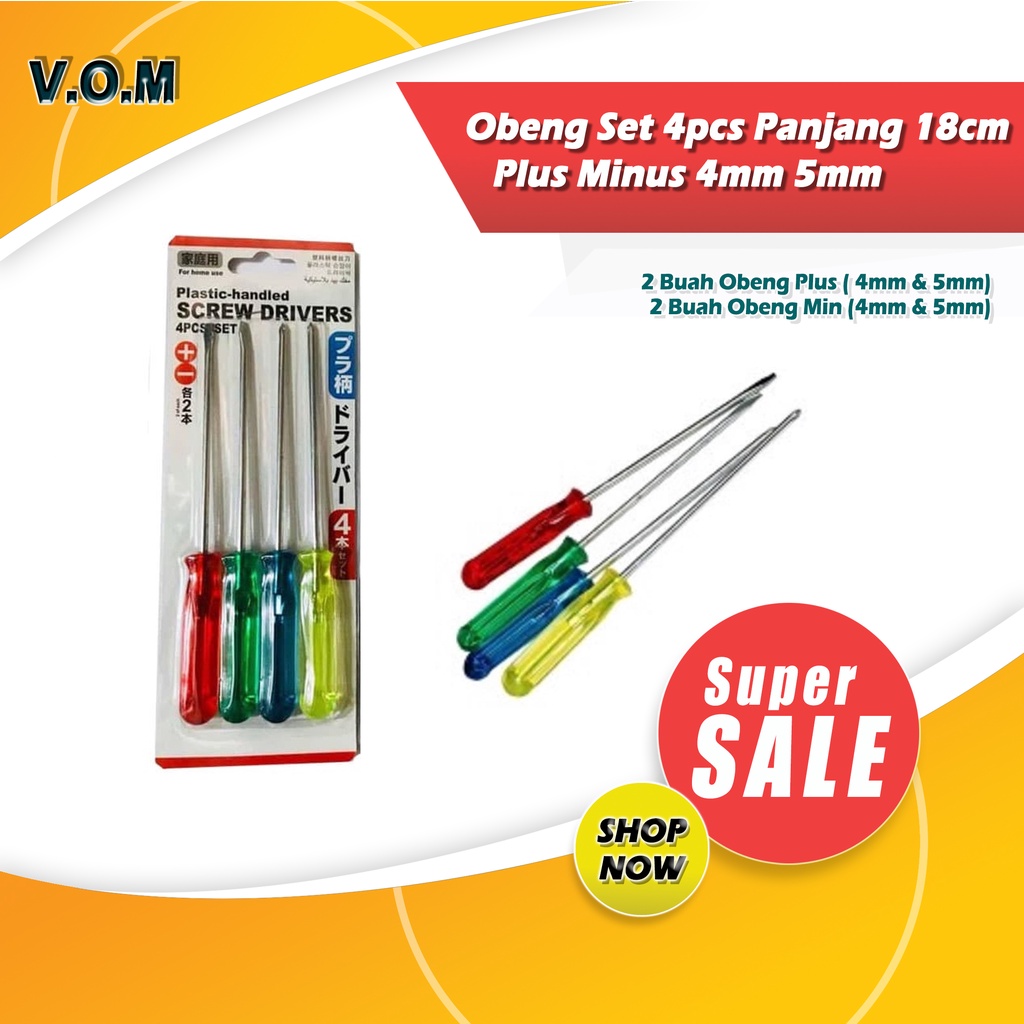 Obeng Set 4pcs Panjang 18cm Plus Minus 4mm 5mm Obeng Service 0717