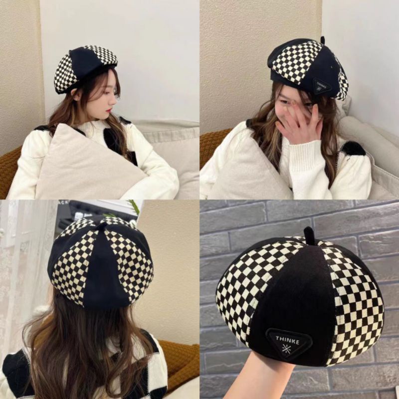 Topi Baret Bonge Kotak Kotak Fashion Korea Pria Wanita Import