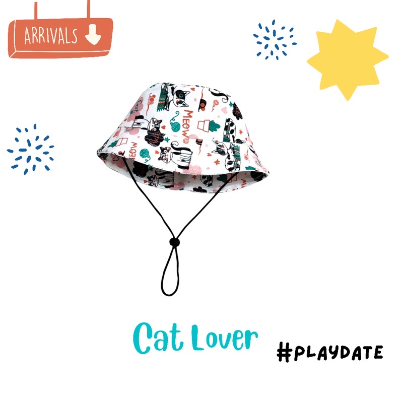 Bucket Hat Anak Laki Laki Perempuan Topi Rimba Dengan Tali Topi Piknik Anak Kupluk Anak Bayi Aksesoris Kepala Anak Laki Laki Perempuan-Cat Lover With Tali