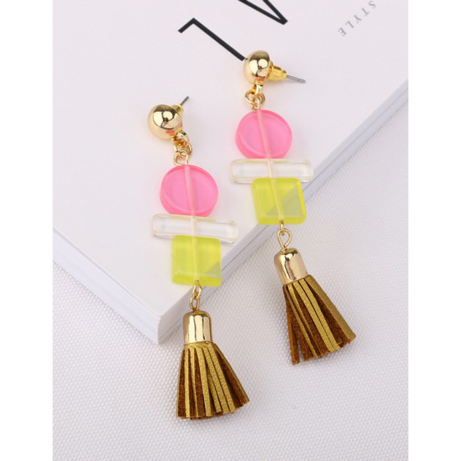 LRC Anting Tusuk Fashion Color Resin Villain Leather Tassel Earrings F69803