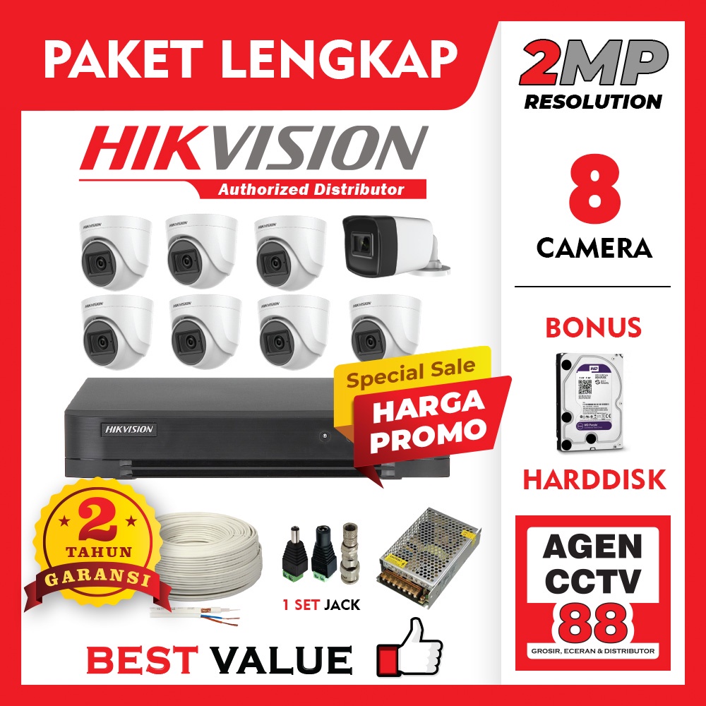 Paket CCTV HIKVISION 8 Channel Kamera 8CH Full HD 2MP LENGKAP +Kabel +HDD Harddisk