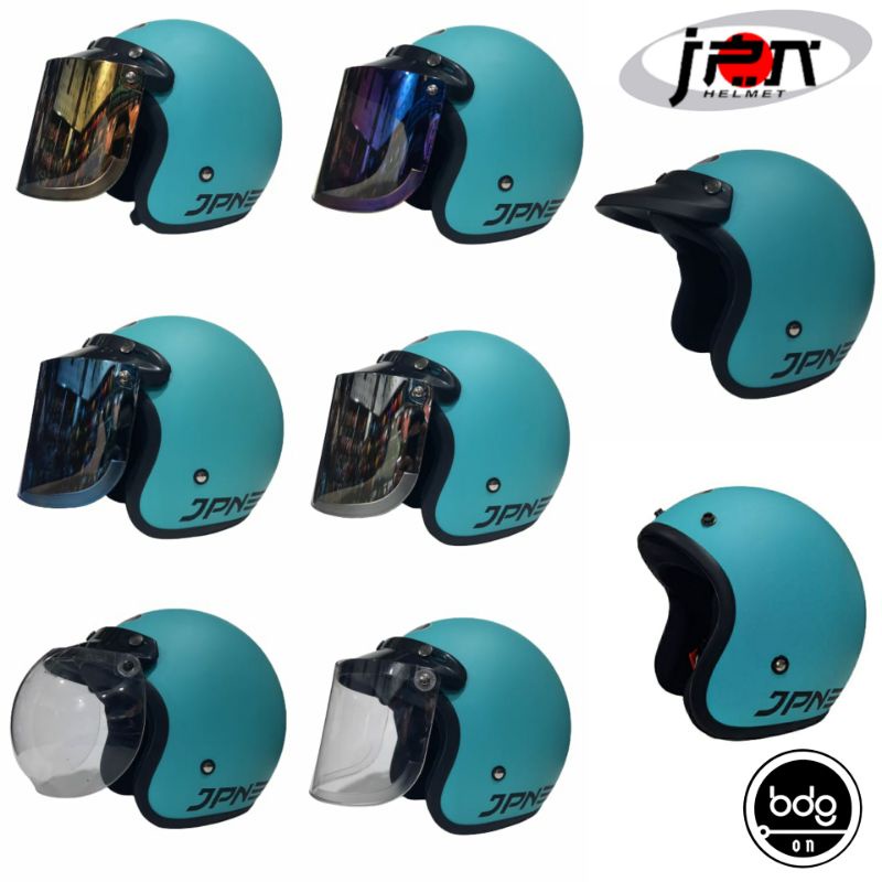 Helm Bogo Retro JPN arc BIRU TOSCA SKY BLUE DOFF Kaca Bogo Cembung Datar Injak beg.on