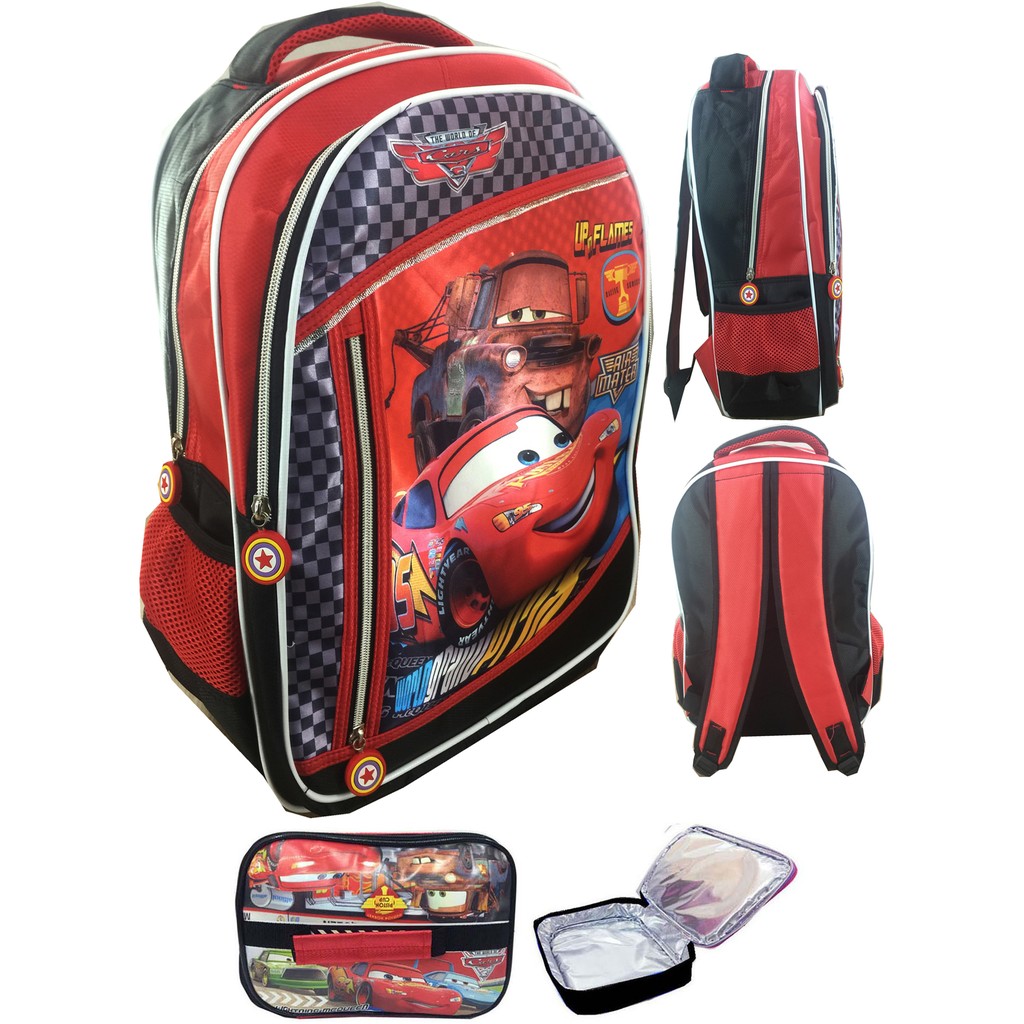 Tas Ransel Sekolah Anak SD Cars Full Sateen IMPORT Catur 3 Kantung LB