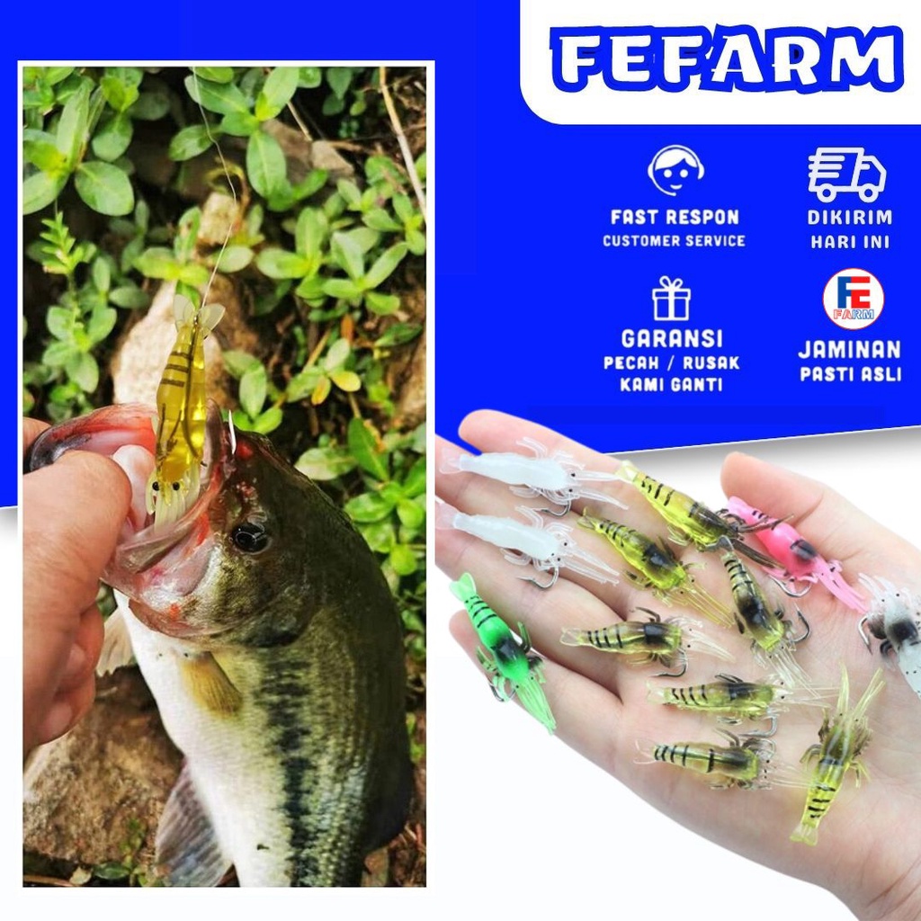 Umpan Pancing Softlure Bentuk Udang Luminous 4cm Bahan Silikon Dengan Kail Untuk Air Tawar / Laut FEFARM