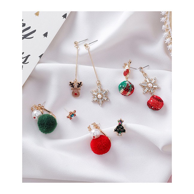 LRC Anting Tusuk Fashion Christmas Tree Hair Ball Christmas Antlers Snowflakes Elk Hair Ball Earring