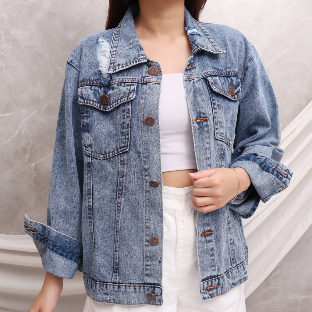 FWR - JAKET JEANS WANITA RIPPED JUMBO SNOW BLUE OVERSIZED KARINA