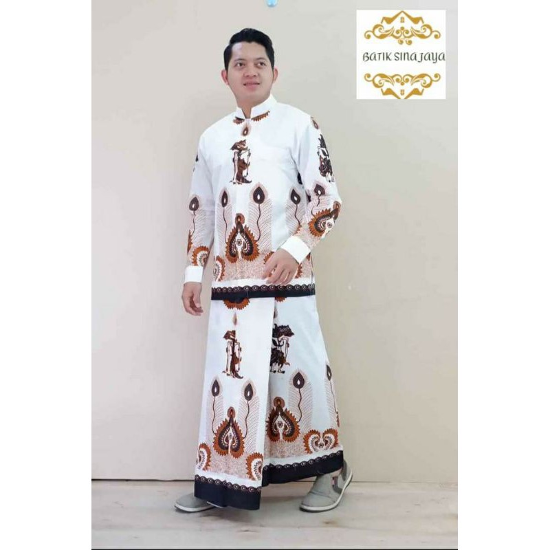 Batik Solo Pria Dewasa Sarung Setelan Baju Koko Wulu Wayang Putih