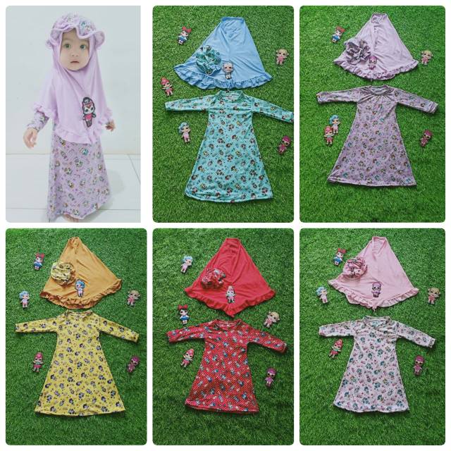 gamis bayi perempuan LED L.O.L +hijab Ciput 3in1 size 0 bulan-3 tahun bahan lembut,adem&amp; elastis