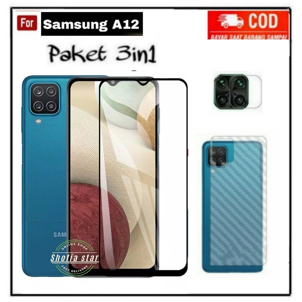 3IN1 TEMPERED GLASS SAMSUNG A12 TG LAYAR ANTIGORES KACA FULL COVER