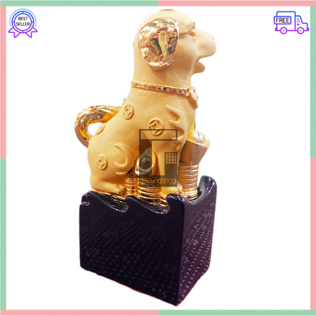 Patung Hiasan Pajangan Imlek Fengshui Hoki Rejeki Lucky 12 Zodiak Shio Anjing Chrome Emas Gold Resin