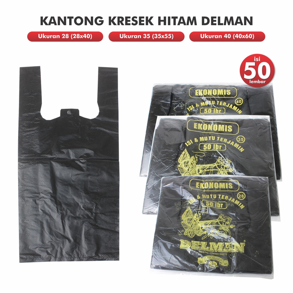 Kantong Plastik Kresek Besar Warna Hitam Merk Delman Isi 50 Lembar Ukuran 28 35 40