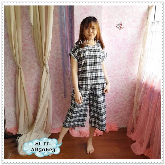 Setelan baju celana kulot midi crop pants kotak wanita ab50623 pakaian setelan cewek baju setelan
