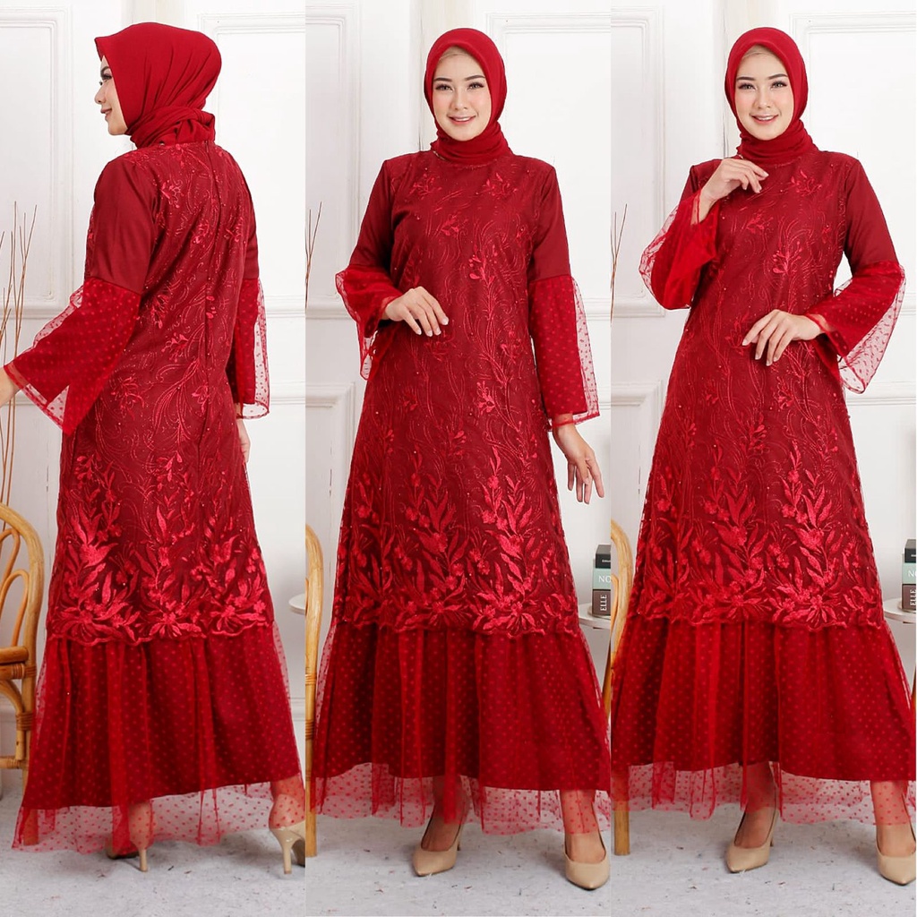 Gamis Bilqis Brukat Tile Mix Tille Dotty Maxi Dress Fashion Muslim Mewah Pesta Kondangan Murah