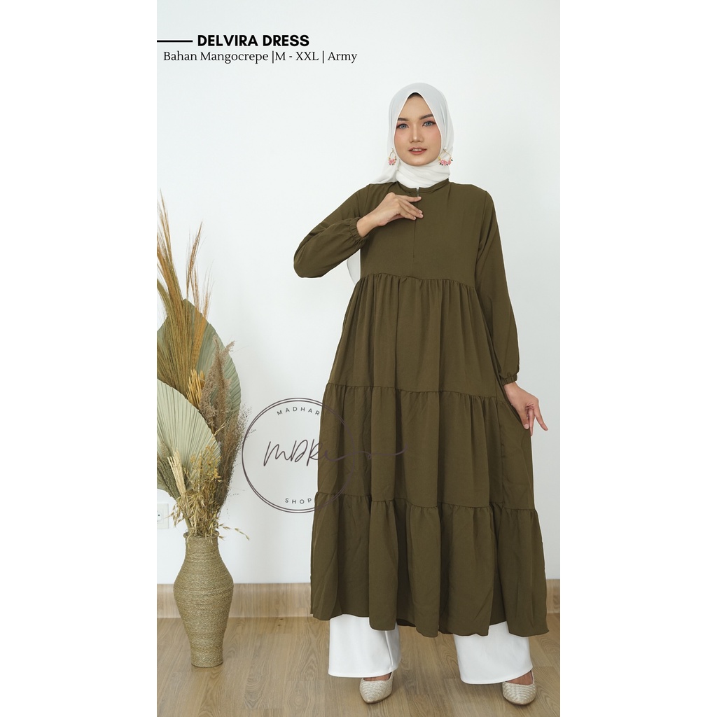 GAMIS WANITA BUSUI JUMBO Delvira Dress /Gamis Wanita Remaja Bahan Mango Creepe Terbaru Premium Adem Fit to XL / Fashion Muslim Kikinian Warna Army Mocca Hitam Dusty