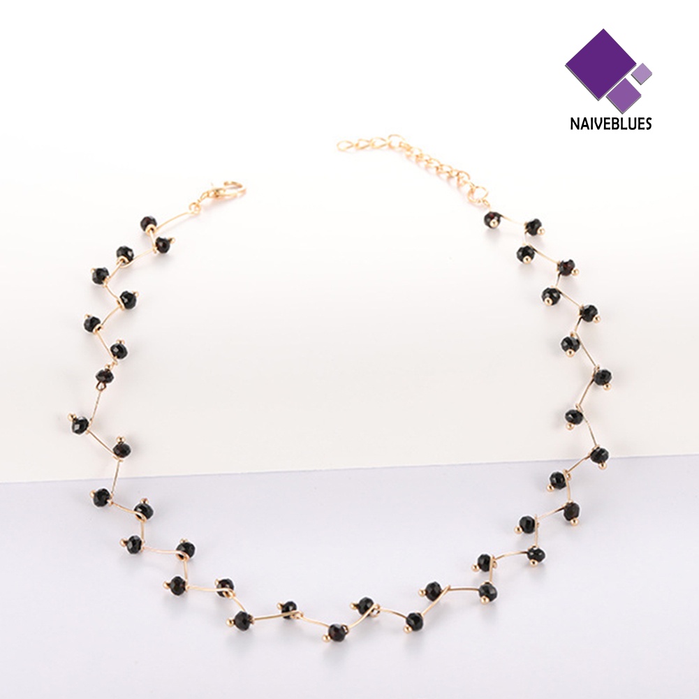 Kalung Choker Rantai Pendek Model Gelombang Aksen Manik-Manik Warna Hitam Untuk Wanita