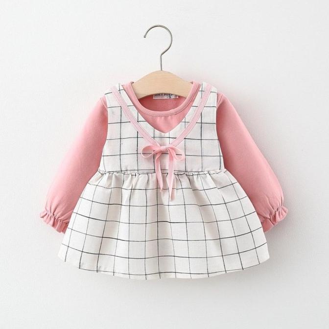 Dress Bayi Perempuan 0-36 Bulan Motif Pink Kotak /Dress Anak Gaun Bayi