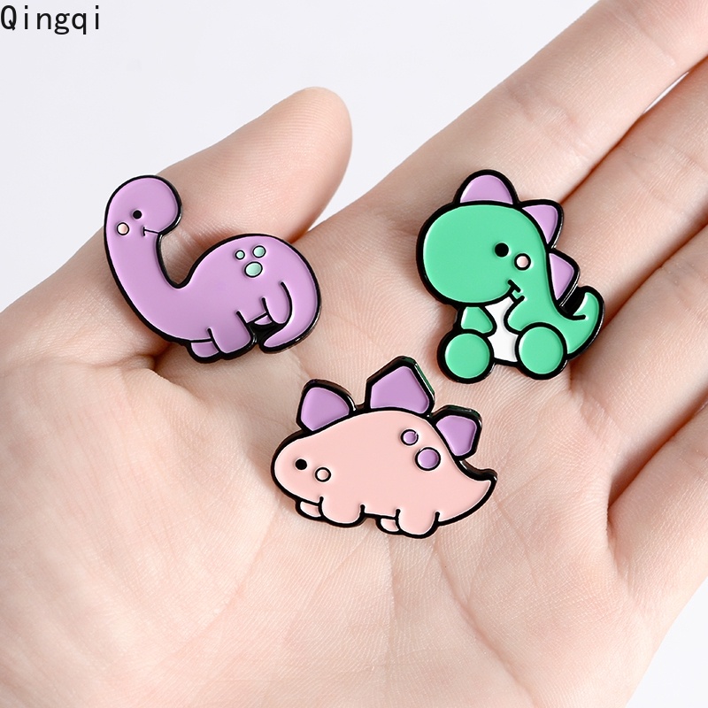 Bros Pin Enamel Desain Kartun Dinosaurus Warna Hijau Ungu Pink Untuk Pakaian Tas